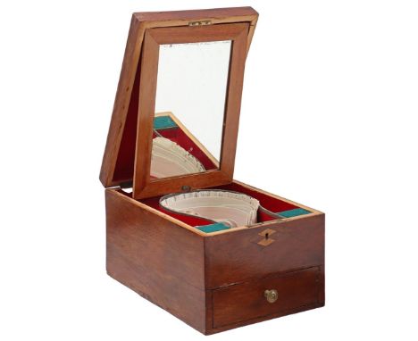 Mahogany veneer chest with marquetry decoration in the lid, lid folded up with mirror and space for borders and drawer at the