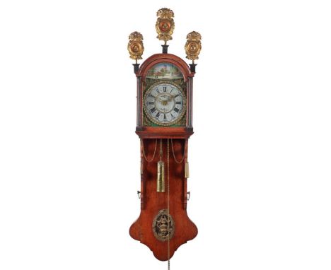 Antique Frisian tail clock in oak case with painted dial with bridal wreath and canvas on the shade, approx. 140 cm high