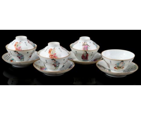 4 eggshell porcelain cups and saucers with lids with polychrome Wu Shuang Pu decor, marked 'Dao Guang Nian Zhi', Daoguang per