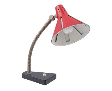 Herman Theodoor Jan Anthoin Busquet (1914-1977)Adjustable desk lamp with red aluminum shade and metal base, design H. Busquet