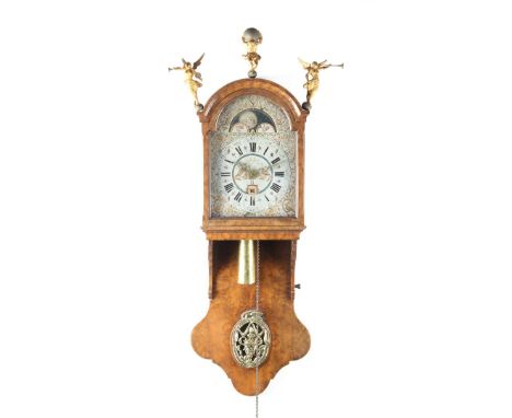 Frisian tail clock with painted dial, moon phase and day indication, in burr walnut veneer case, 19th century, 122 cm high (m