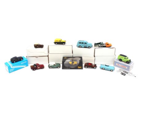 11 scale model cars and 1 trailer including 2x Vanguard Van, bmc43 mini car transporter with racing mini bodyshell load, MG H