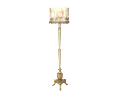 Classic wooden gold-colored floor lamp with upholstered shade, 176 cm high