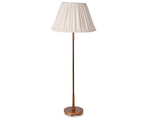 Walnut and aluminum floor lamp with upholstered shade, Netherlands ca. 1960, 169 cm high