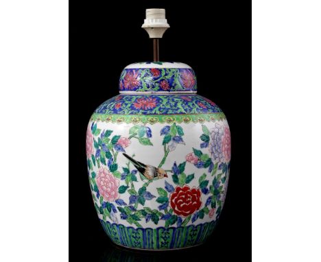 Porcelain oriental table lamp with polychrome floral decor with birds, without shade, 47 cm high, measured incl. fitting