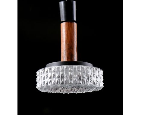 Hanging lamp with teak veneer column and glass shade, Western Europe 1970s, 24 cm diameter