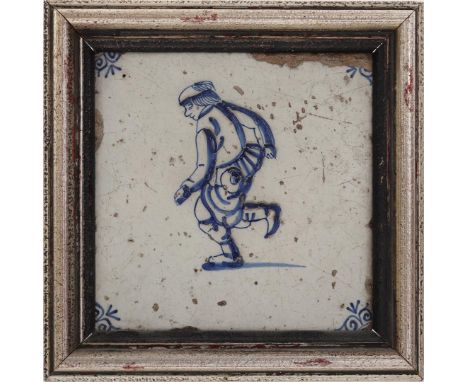 Glazed earthenware tile with decor of a runner, with ox head corner motifs, Holland 17th century, excl. frame 13x13 cm