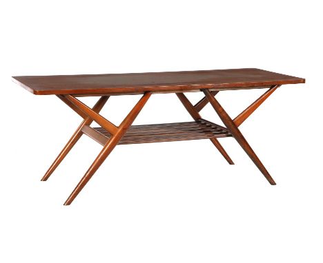 Teak veneer coffee table with base shelf, 1960s, 49.5 cm high and top size 125x50 cm