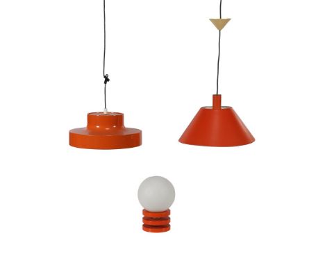 Space Age 2 orange aluminum hanging lamps (1 with dent), 42 and 40 cm diameter, and orange plastic desk lamp with opaline sha