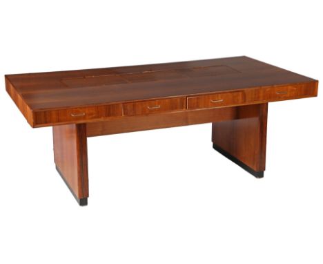 Teak veneer on birch architectural desk with 3 drawers, 3 roller shutters in the top and 3 open compartments at the rear, des
