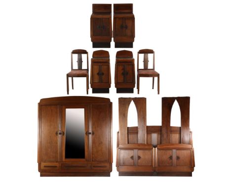 Art Deco bedroom furniture consisting of walnut veneer on oak 3-door linen cupboard, with rosewood ornaments and handles, wit