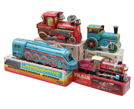 4 x tin toy train in box bu. Friction Locomotive MF 804, box 9 cm high, 42x14 cm, Kovar Retro Road Roller 1927, Friction MF 1