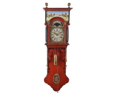 Antique Frisian tail clock in oak case with painted dial and double hood with copper balls on top, approx. 155 cm high