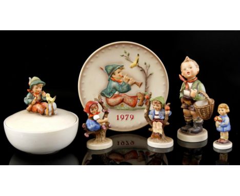 4 Goebel Hummel earthenware figurines, largest 17 cm high, bonbonniere, 14 cm high, 14.5 cm diameter and saucer, 19 cm diamet