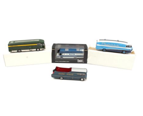 Scale model AEC Swift Team Lotus Transporter, Modeltrans Pegaso bus, Ecurie Ecosse Transporter and Ixomodels Berliet Stradair