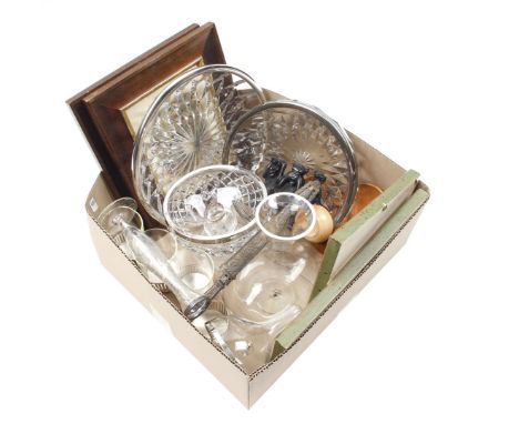 Box with crystal bowls, mounted in plate frame, decanter, wooden sculpture group, wooden peanut set, wall decorations and kni