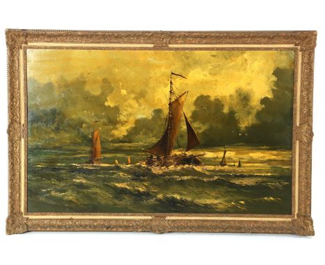 Bomb barges on the open sea, painted in the style of HW Mesdag, canvas 81x130 cm, in decorated frame a total of 98 cm high, 1