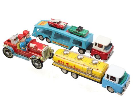 3 x tin toys b.u. oil tanker MF 201, China 1970s, 36 cm long, transporter MF 868 with 2 cars, China 1970s and fire engine 409