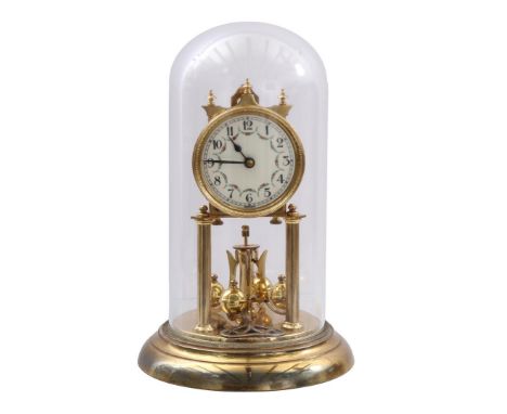 Brass bell jar clock with glass bell jar, 30.5 cm high