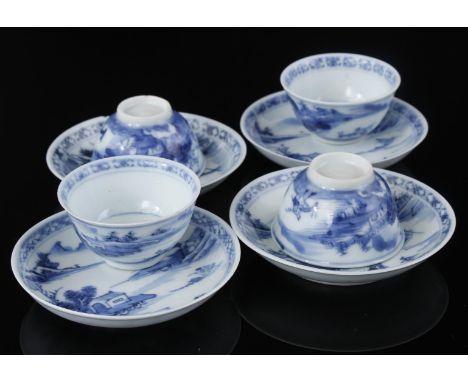 4 eggshell porcelain cups and saucers with landscape decor, China Qianlong period ca. 1760, cup 2.5 cm high, 4.5 cm diameter