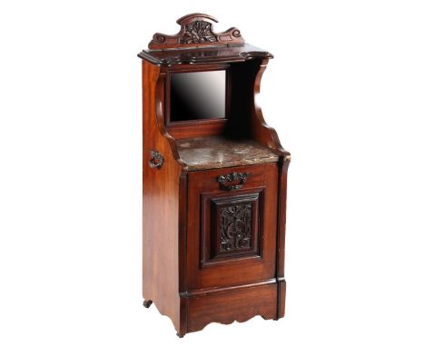 Walnut veneer coal cabinet, decorated with stitch work, facet cut mirror, marble top, iron handles and standing on iron wheel