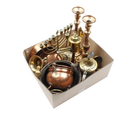 Box with various copperware including candlesticks, snot nose, mortar and pestle, Jewish candlestick, pan, pudding mould, bel