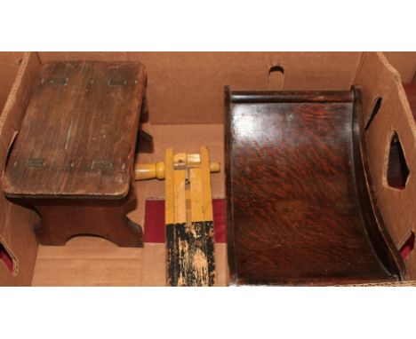 	An oak cheese coaster, pine stool etc.