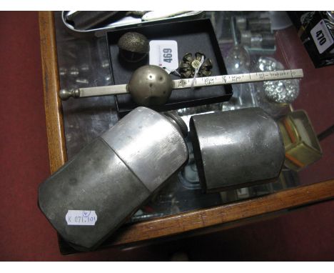 A Pewter Flask, with removable cup, a seven sided desk seal, hydrometer gauge, etc. (4)