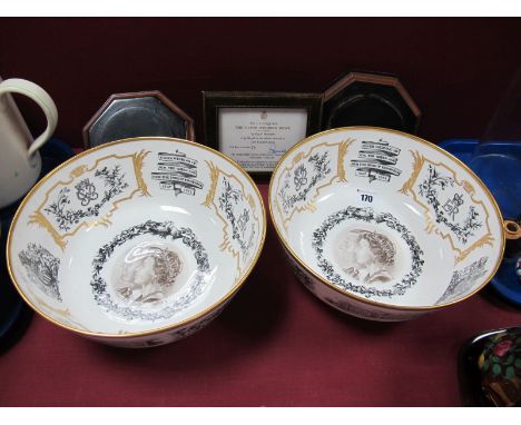 A Pair of Royal Worcester Porcelain Bowls, of circular form, designed by Peter Elvence to commemorate the Silver wedding of Q