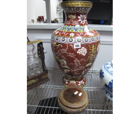 A Large Modern Japanese Cloisonné Enamel Vase, of baluster form, decorated with flowering shrubs, fish and scrollwork within 