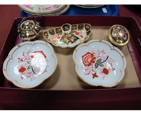 A Royal Crown Derby 1128 Imari Oval Trinket Box, 6299 mini teapot, fan dish, two pentagonal dishes. 