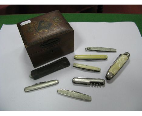 A J. H. Kirk Fruit Knife, with mother of pearl scales and a collection of other pocket knives, contained in a wooden money bo
