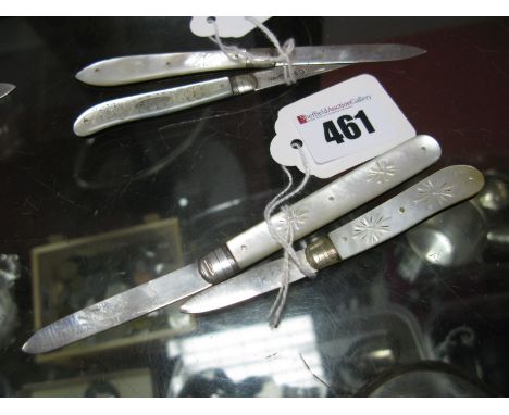 Two Hallmarked Silver and Mother of Pearl Folding Fruit Knives, B&C, Sheffield 1852; JYC, Sheffield 1896, each with decorativ