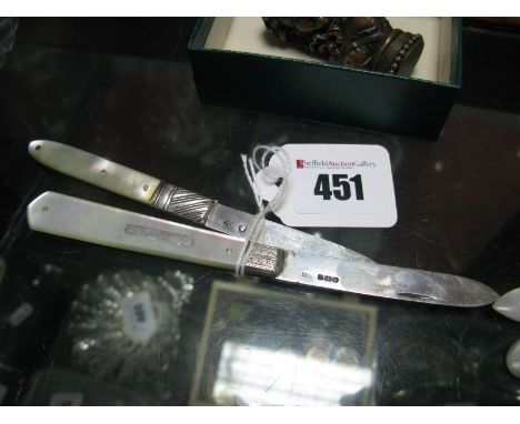 A Hallmarked Silver and Mother of Pearl Folding Fruit Knife, (makers mark rubbed) Sheffield 1916, overall length 15.7cm; toge