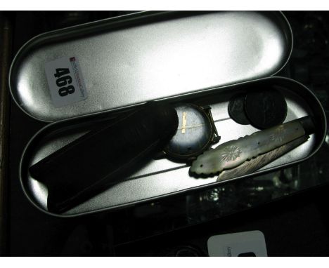 A Silver Blades Fruit Knife, with mother of pearl scales, three coins, Puerta watch (damaged).
