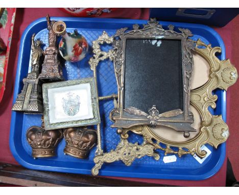 A Royal Worcester Hand Painted Vase, with berry decoration, 12cm high, brass photo frames, other trinkets:- One Tray