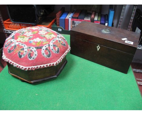 A XIX Century Mahogany Tea Caddy; beadwork topped octagonal stool. (2)