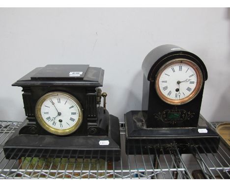 A XIX Century Black Slate Mantel Clock, with twin gilded brass handles, enamel dial, Roman numerals, stepped base; together w