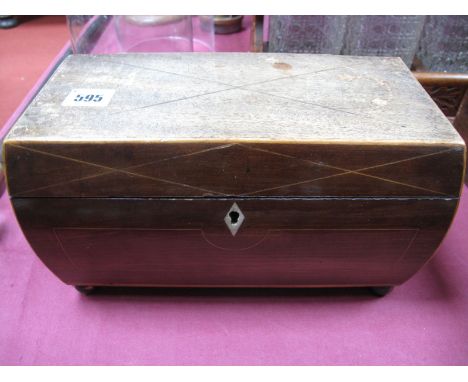 An Early XIX Century Mahogany and Satinwood Inlaid Tea Caddy, of sarcophagus form, raised on bun feet, opening to reveal two 
