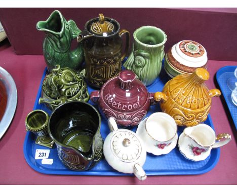 Three Sadler Novelty Condiment Jars, Sylvac teapot and jug, etc:- One Tray