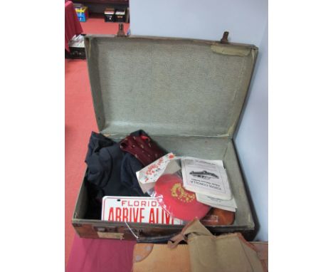 A Bermuda Police Evening Jacket, shorts, peak cap, tie, booklets and wall plaque; Florida Arrive Alive sign, Disney disc in B