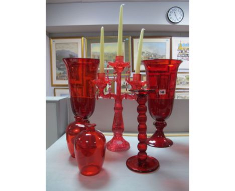 Pressed Glass Three Light Candelabra, a pair of ruby glass pedestal vases, ruby glass table stand; together with small pair o