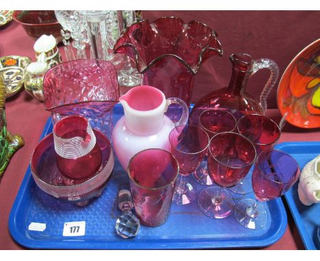 Cranberry Glass Fanned Vase, 21cm tall, sugar and cream, light shade, wines, jug and damaged pearl ware:- One Tray