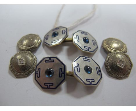 A Pair of Single Stone Inset Gent's Cufflinks, each octagonal panel of textured design, on shaped bar connection stamped "10k