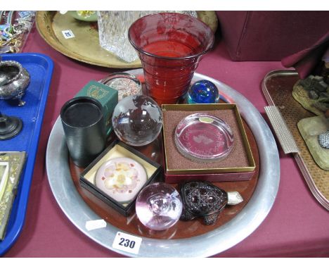 A Whitefriars Ruby Fanned Vase, Caithness and other paperweights, etc:- One Tray