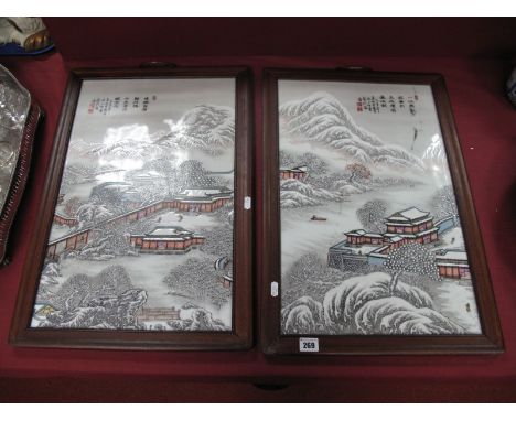 A Pair of Decorative Late XX Century Original Ceramic Panels, featuring pagoda and mountain scenes, 55 x 35cm in wooden frame