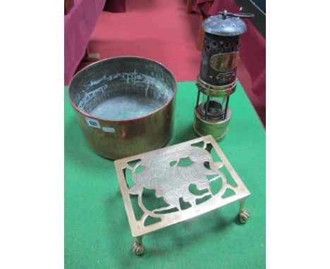 A F. Thomas & Williams of Aberdare Brass and Iron Miners Lamp, brass clipper ship trivet, XIX Century heavy copper pan. (3)