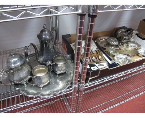 A Mixed Lot of Assorted Plated Ware, including four piece tea set, shaped circular tray, decorative candlestick, dishes,  cas