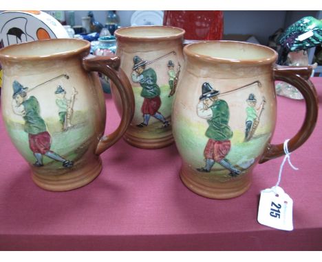 A Set of Three 1930's Royal Doulton Pottery Tankards, moulded and painted with Crombie style golfers against light brown bord