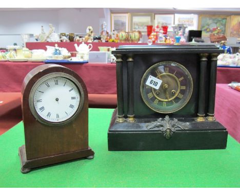 A XIX Century Black Slate Mantel Clock, the dial with gilt Roman numerals within architectural style case, with leaf applied 